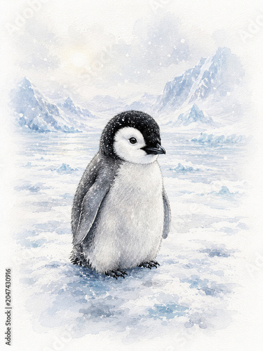 Adorable Penguin Chick Standing in a Snowy Antarctic Watercolor Landscape