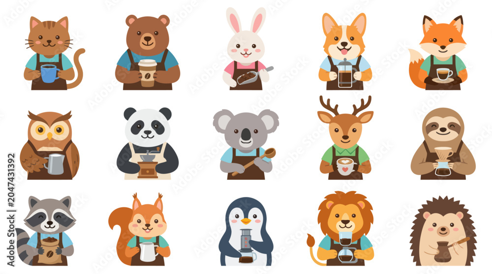 Fototapeta premium Cute Flat Cartoon Animal Baristas Collection. Adorable Coffee Shop Mascot Characters for Food Drink Industry