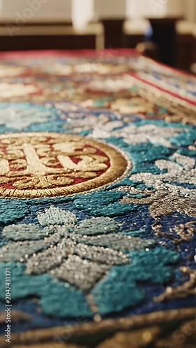 Detailed pattern on a traditional red and blue Persian rug.