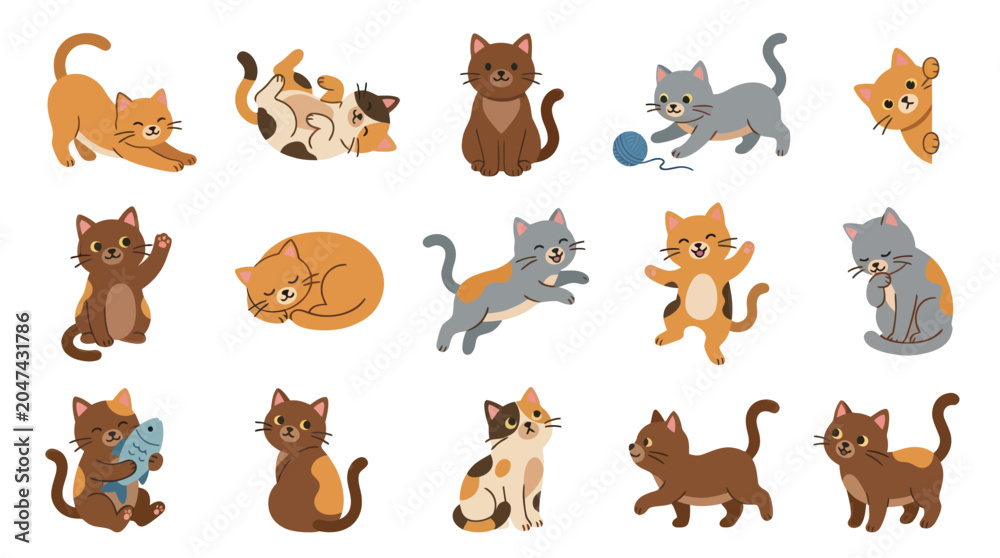 Fototapeta premium Cute cartoon cats collection, various breeds and poses, flat vector art