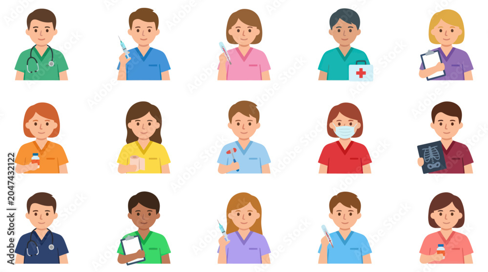 Fototapeta premium Diverse Medical Professionals Group Vector Flat Illustration Set