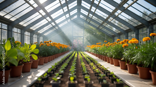 Sunlit Commercial Greenhouse with Seedlings and Flowers – Smart Farming Background