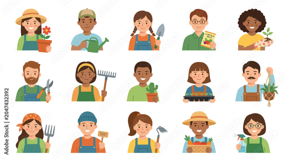 Fototapeta premium Diverse Gardeners and Farmers Flat Vector Illustration: People with Tools, Plants, Seeds for Horticulture