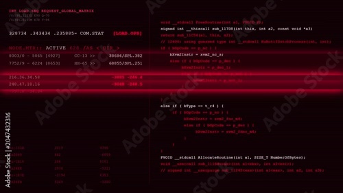Futuristic Sci Fi Hacker Terminal Computer Screen With Red Programming Code.