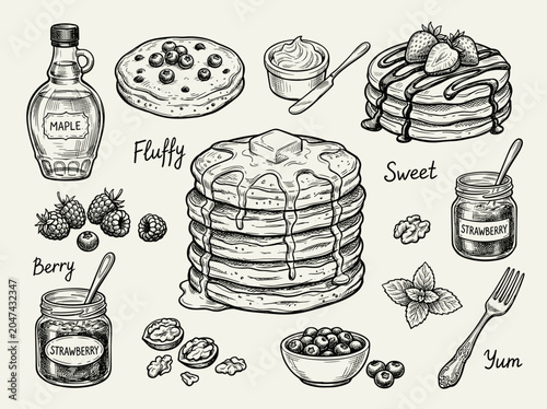 Hand drawn black ink sketch of pancake stack breakfast set with maple syrup and fruit, isolated on white background