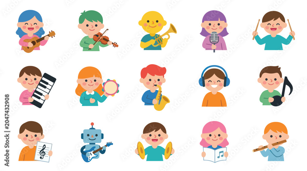 Obraz premium Cute Cartoon Kids Playing Musical Instruments, Music Education Flat Vector Icons