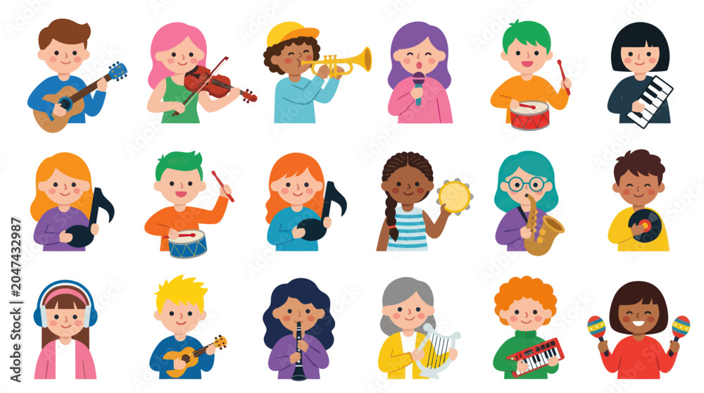 Obraz premium Diverse Children Playing Musical Instruments Cartoon Flat Style Vector Asset