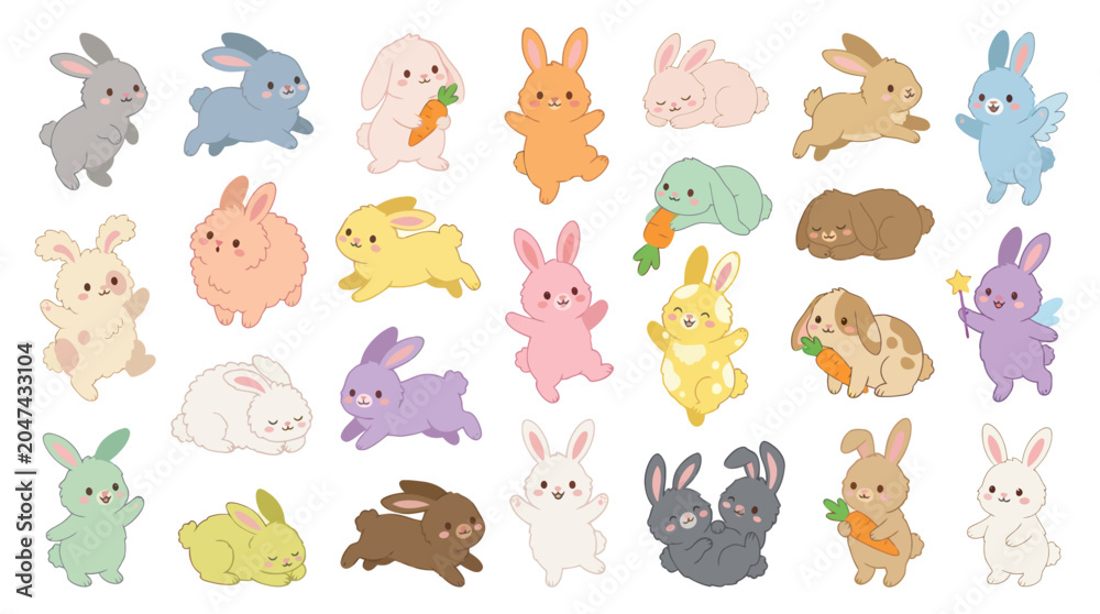 Obraz premium Cute Cartoon Bunnies Collection, Vector Art, Kawaii Animals for Easter Spring