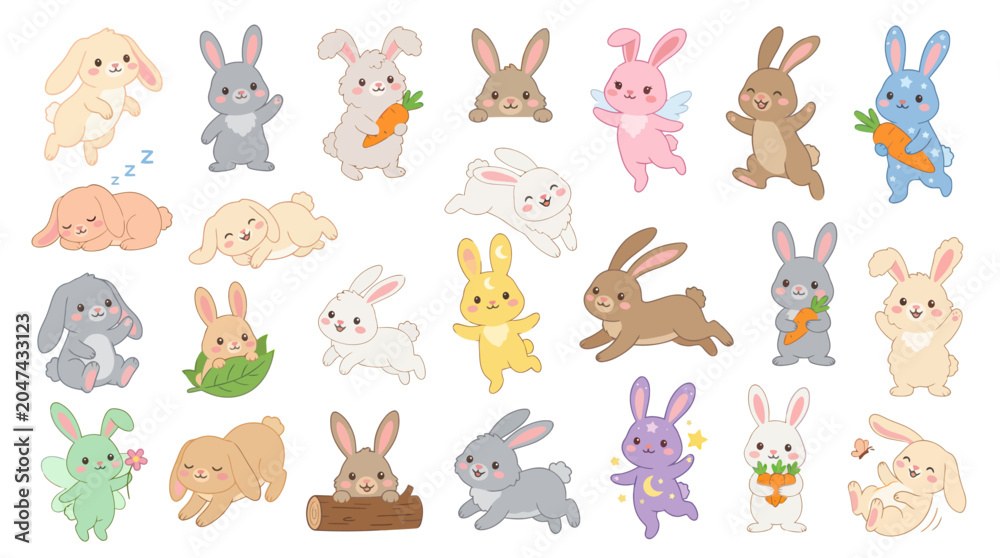 Fototapeta premium Cute Cartoon Rabbits and Bunnies Flat Vector Illustration Set for Kids, Spring, and Easter Designs