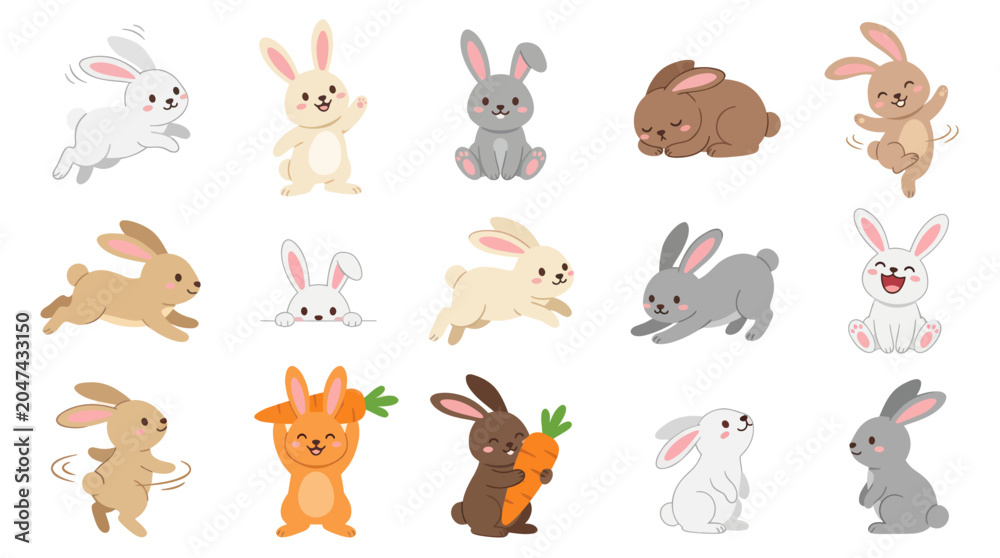 Naklejka premium Cute Cartoon Easter Bunny Characters, Happy Rabbits Collection Vector Art