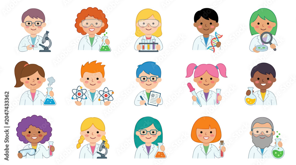 Obraz premium Cute Flat Cartoon Science Characters: Diverse Students and Scientists for Education, STEM, and Lab Research
