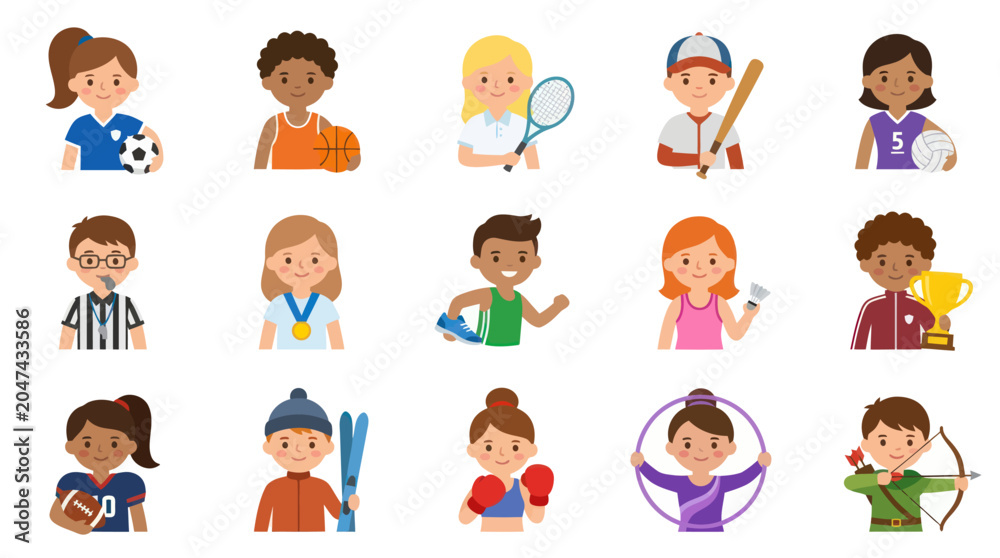 Fototapeta premium Diverse Group of Children in Sports Outfits, Flat Vector Art