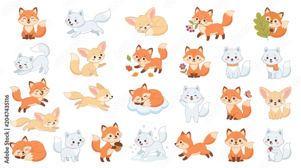 Fototapeta premium Cute Cartoon Foxes and Arctic Foxes Illustrations, Vector Art
