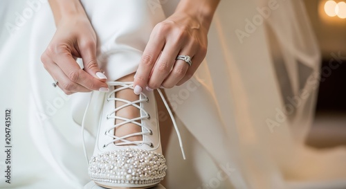 A bride tying the laces of her white wedding sneakers adorned with pearls and crystals.
