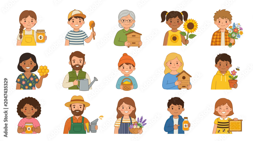 Fototapeta premium Happy Beekeeping Honey Production Flat Vector Avatars. Diverse People Gardening, Harvesting, and Caring for Bees and Flowers.