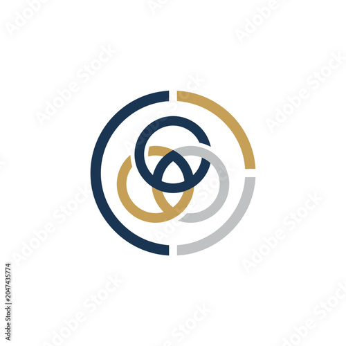 Interlocking three circle Venn diagram logo in gold and blue.