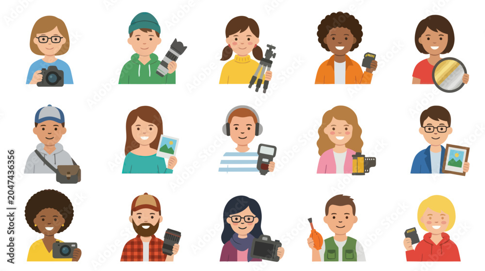 Fototapeta premium Flat Style Diverse People Photographers with Cameras and Equipment
