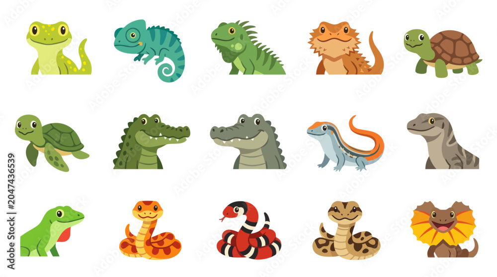 Obraz premium Cute Cartoon Reptiles and Amphibians Collection. Flat Vector Set of Lizards, Snakes, Turtles, Crocodiles, and Frogs for Kids.