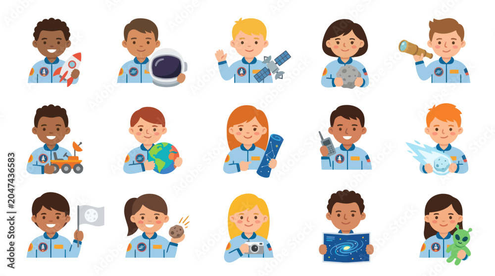 Fototapeta premium Diverse Kids Astronauts Flat Illustration Set with Space Objects for Science Education and Exploration