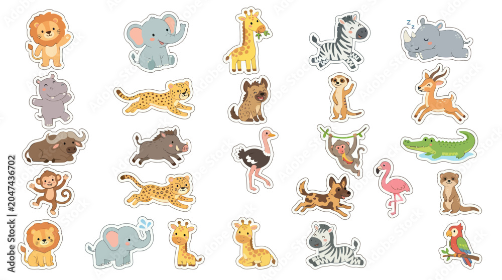 Obraz premium Cute Cartoon African Safari Animals Vector Stickers Set. Adorable Wildlife Character Collection for Children.