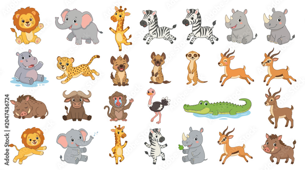 Obraz premium Cute Cartoon African Safari Animals Set. Adorable Wild Wildlife Characters for Kids Vector Collection