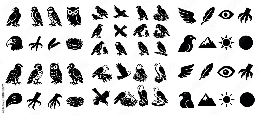 Fototapeta premium Bird icons with owl eagle nest silhouette