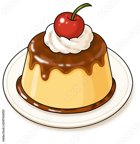 Cuadro en lienzo Sweet Custard Pudding with Caramel Sauce, Whipped Cream and Cherry on Plate, Del