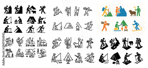 Outdoor icons with hiking tent campfire mountain flat