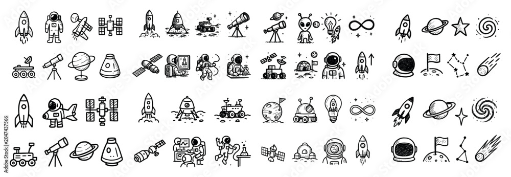 Naklejka premium Space icons with rocket astronaut satellite outline