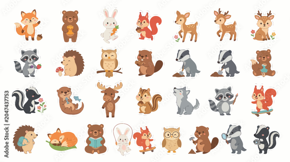 Fototapeta premium Cute Cartoon Woodland Forest Animals Vector Stickers Set for Children's Nature Education and Wildlife Design