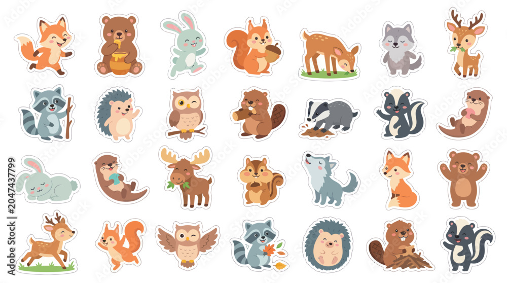 Obraz premium Cute Woodland Animals Vector Icons - Forest Fauna Flat Style Stickers