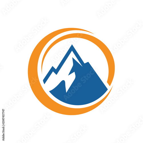 Dynamic mountain peak with orange circular swoosh logo