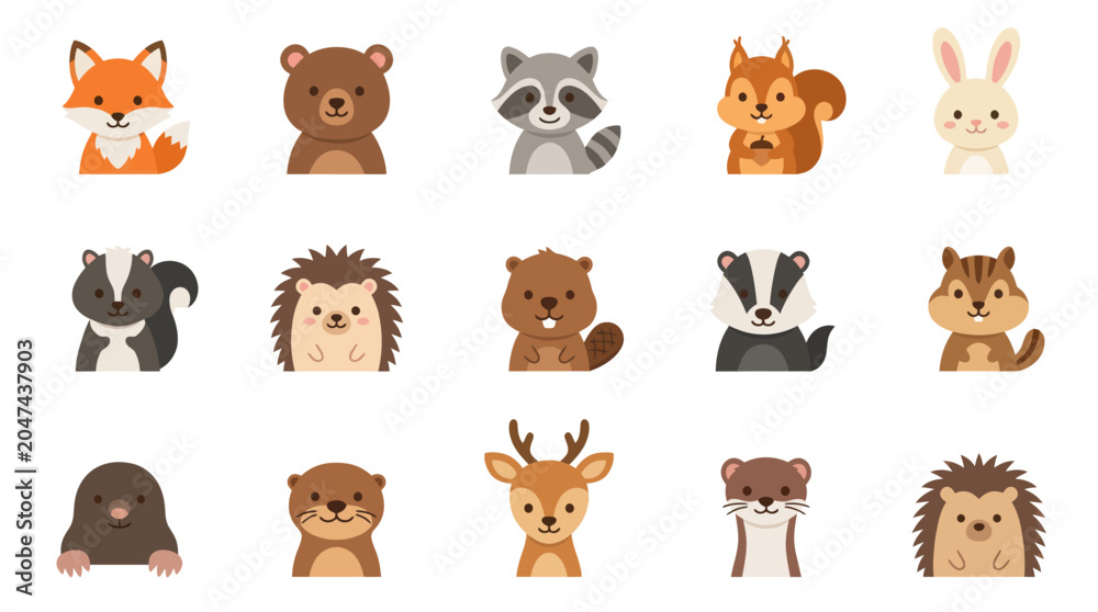 Naklejka premium Flat Style Cute Woodland Animals Vector Icons - Fox, Bear, Rabbit, Squirrel
