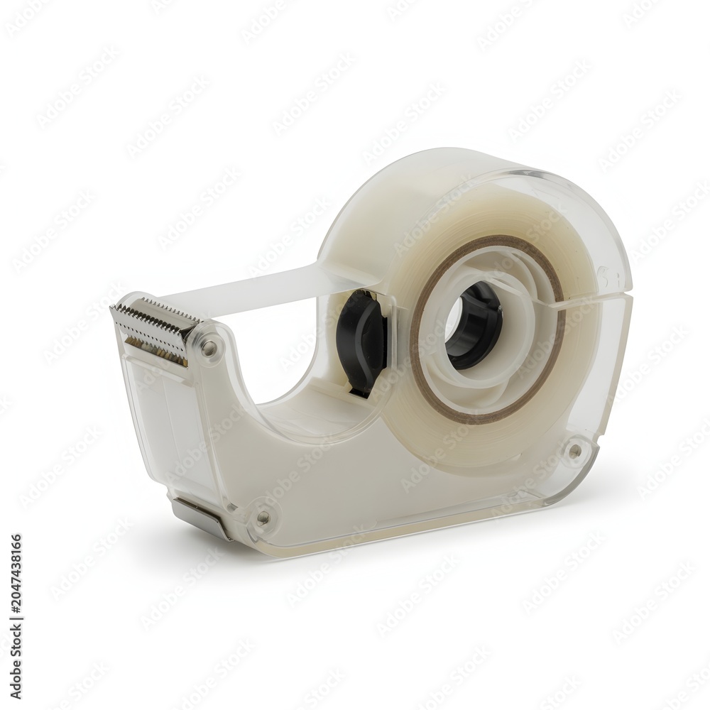 Naklejka premium Clear adhesive tape dispenser with roll of transparent sticky tape isolated on white background office supply for wrapping and crafting needs.