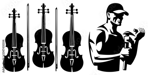 This black and white stencil depicts a classic fiddle alongside a master luthier working with precision tools. A professional maker focuses on shaping a fine stringed instrument.