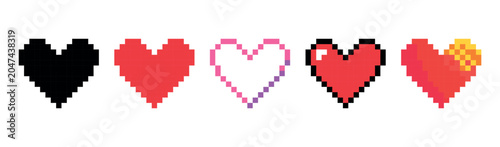 Pixel Hearts Retro Vector Icons Set on White Background. Isolated Pixel Art 8-bit Flat Buttons Design in Color for Web. 