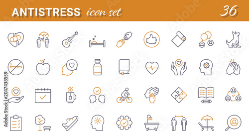 Fotografie Antistress icon set with thirty six linear symbols for mental health, relaxation and calm mind