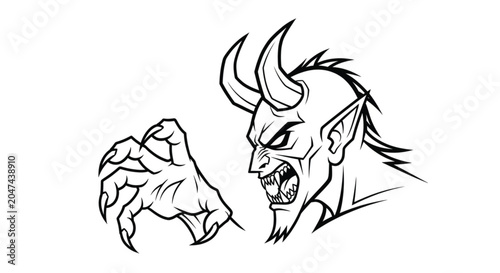 фотографія Demon face with sharp horns fangs.