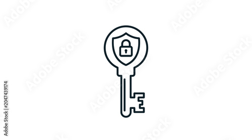 Conceptual vector illustration of a modern security key with an integrated shield and padlock, symbolizing robust digital protection, secure access management, and online privacy