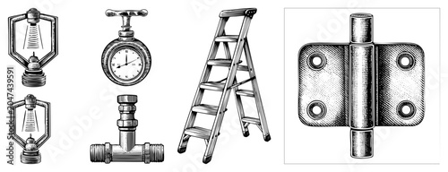 Collection of hand drawn etchings featuring a stepladder, a pressure gauge, and a metal hinge. This set includes various workshop essentials like a lantern, a T joint pipe, and a pressure dial.