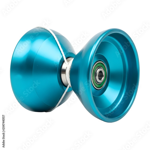 A shiny blue yo-yo with a silver axle and green bearing is displayed Photo realistic image. png