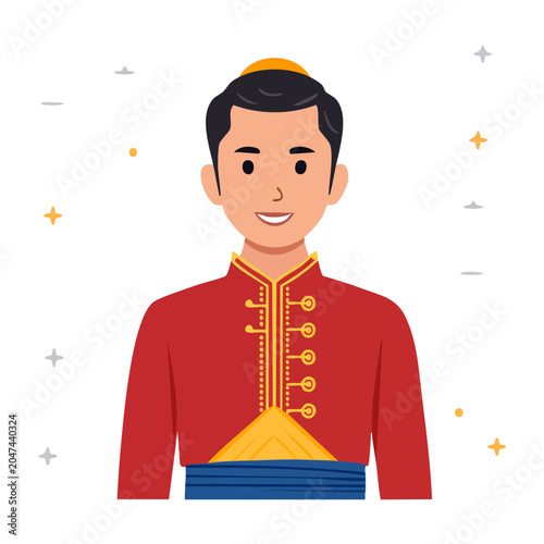 Man in Traditional East Asian Red Clothing with Yellow Hat