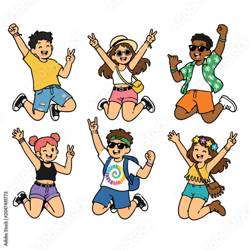 Vibrant cartoon stickers of happy diverse teenagers jumping for joy