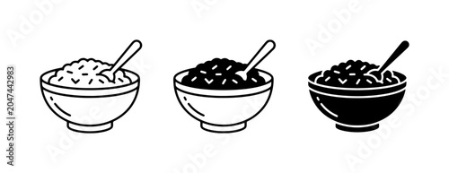 Tableau sur toile Rice Bowl Icons, Cereal Bowls with Spoons, Simple Food Graphics, Black and White