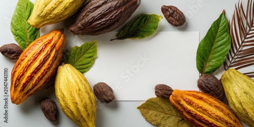 Fresh cocoa pods and beans arrangement with blank paper overhead view