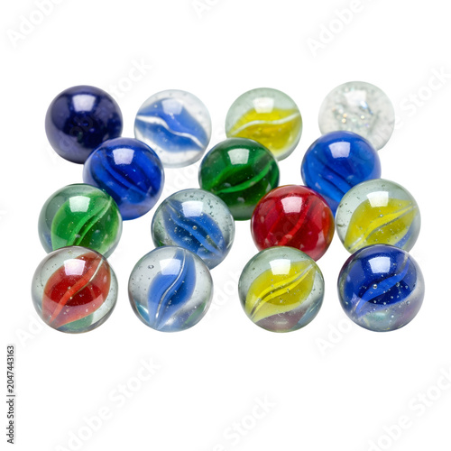 A collection of colorful glass marbles on a white background for decoration Photo realistic image. png