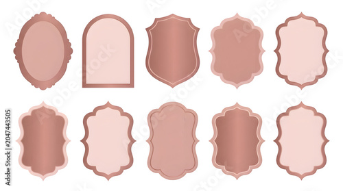 Set of rose gold frames, elegant decorative labels, vintage border badges, luxury wedding invitation templates isolated on transparent background