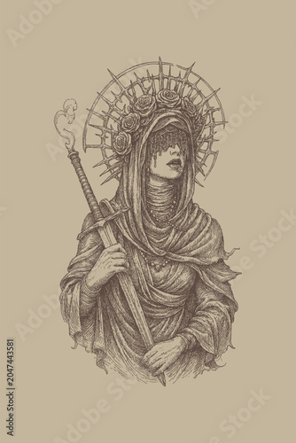 Konstfotografi Sacred Veiled Woman with Crown of Thorns and Sword