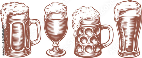 Bild auf Leinwand Vintage Beer Mug and Glass Collection, Hand Drawn Brewery Vector Illustration