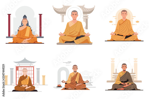 Tableau sur toile A collection of diverse Buddhist monks meditating in peaceful poses, embodying s